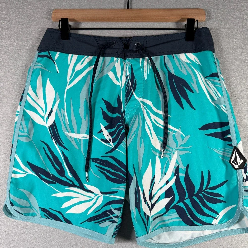Volcom Mod-Tech Mens Board Shorts 28 Teal Navy Tropical Palm Leaf‎ Swim Trunks